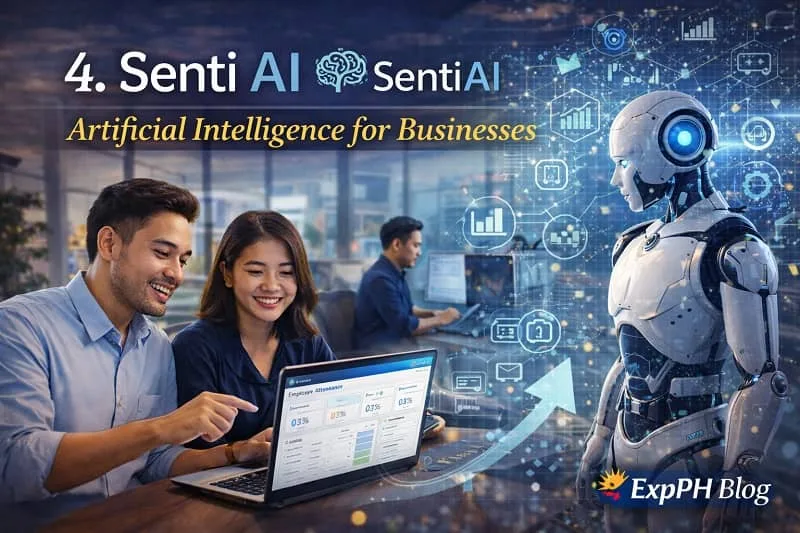 Filipino professionals using artificial intelligence software and analytics dashboards on laptops while AI icons and digital data networks represent Senti AI business technology in the Philippines with the ExpPH Blog logo.