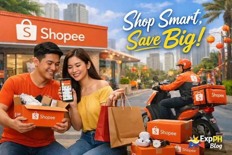 Filipino couple using Shopee app with shopping bags and delivery rider in a city setting