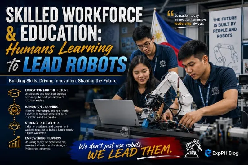 Filipino students and young engineers working with robotic systems and automation technology inside a modern robotics laboratory in the Philippines.
