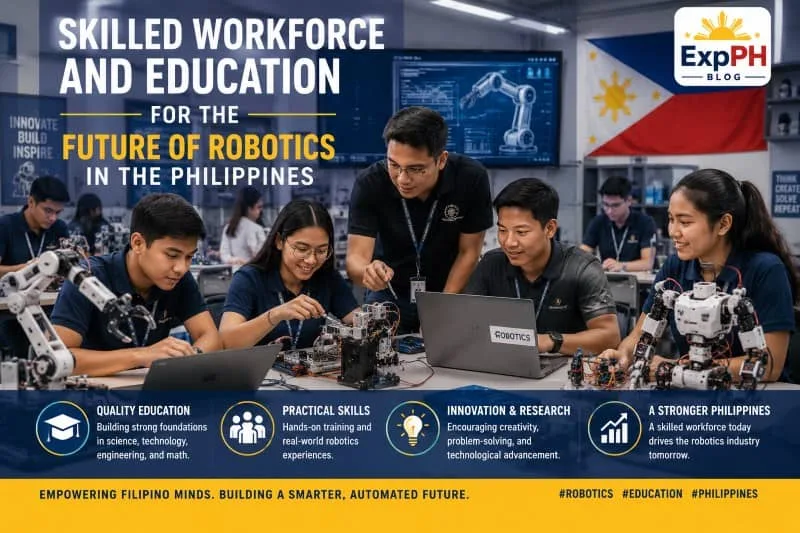Realistic image showing Filipino students and educators learning robotics in a modern classroom with robotic systems, coding screens, engineering tools, and the ExpPH Blog logo.