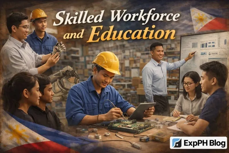 Filipino students and professionals learning robotics and technical skills in classroom and workshop with ExpPH Blog logo