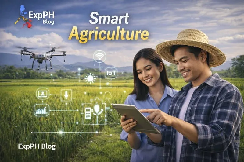 Filipino farmers using tablet technology with drone and digital farming icons representing smart agriculture in the Philippines