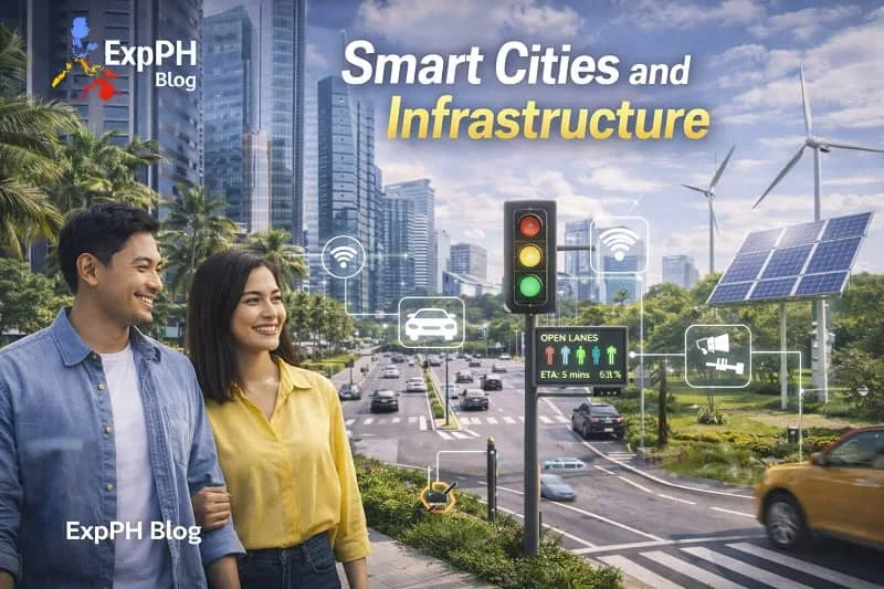Filipino professionals in a modern smart city with digital traffic systems solar panels and wind turbines representing smart cities and infrastructure in the Philippines
