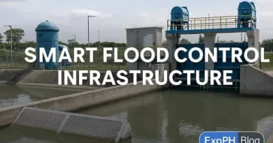 A realistic image of modern smart flood control infrastructure featuring automated floodgates, pumping systems, water channels, and the ExpPH Blog logo.