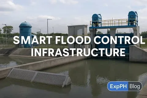 A realistic image of modern smart flood control infrastructure featuring automated floodgates, pumping systems, water channels, and the ExpPH Blog logo.