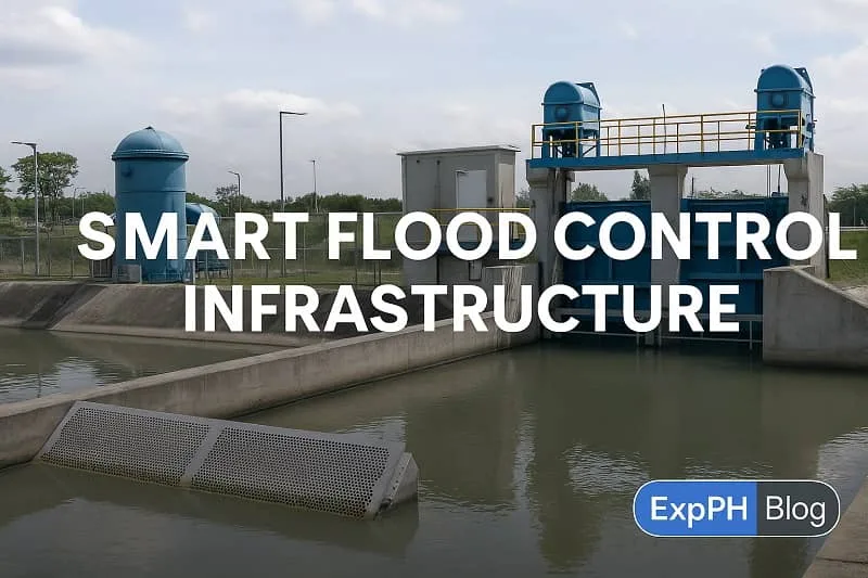 A realistic image of modern smart flood control infrastructure featuring automated floodgates, pumping systems, water channels, and the ExpPH Blog logo.