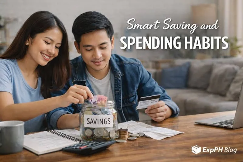 Filipino couple practicing smart saving and spending habits at home with savings jars credit card calculator and receipts showing balanced money management
