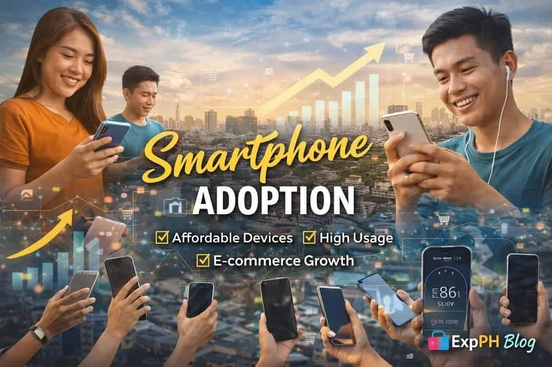 Filipino users holding smartphones with city background showing mobile usage and e-commerce growth in the Philippines