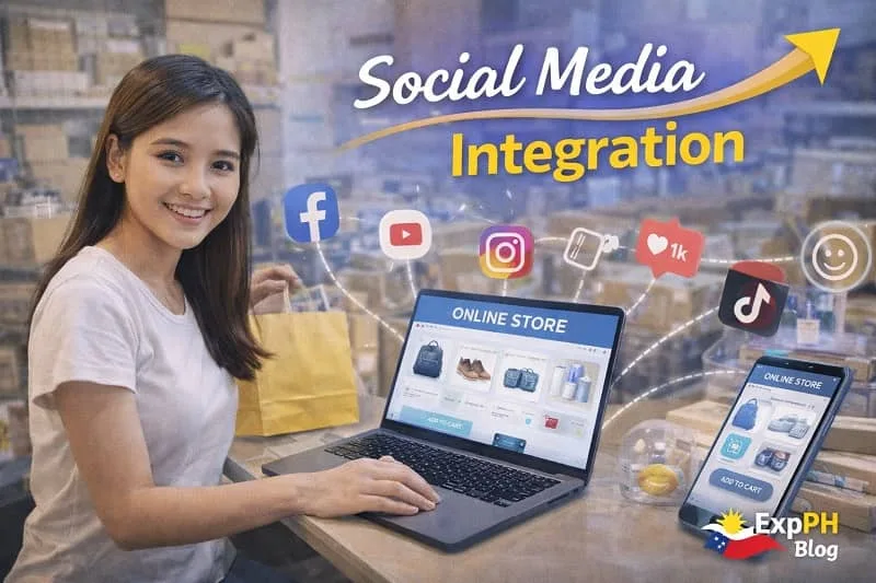 Filipino entrepreneur managing online store with social media platforms and digital marketing tools