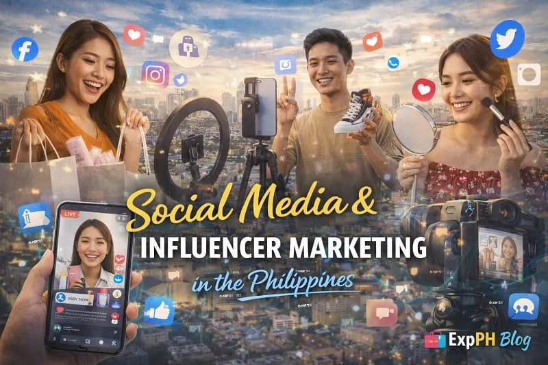 Filipino influencers creating content with smartphones and cameras showing social media marketing and online selling