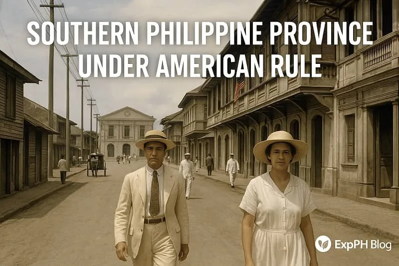 A realistic historical style image showing a Southern Philippine province during American rule, with Filipinos walking along a street lined with wooden colonial buildings. An American flag hangs from one structure and a neoclassical government building appears in the distance. The text Southern Philippine province under American Rule is displayed above, and the ExpPH Blog logo is in the lower right corner.