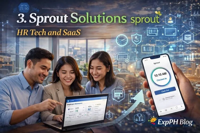 Filipino professionals using HR management software on laptops in a modern office environment representing Sprout Solutions HR tech and SaaS platform in the Philippines with the ExpPH Blog logo.