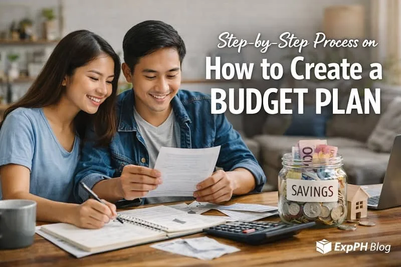 Filipino couple reviewing expenses and writing a budget plan at home with savings jar calculator and receipts showing step by step budgeting process