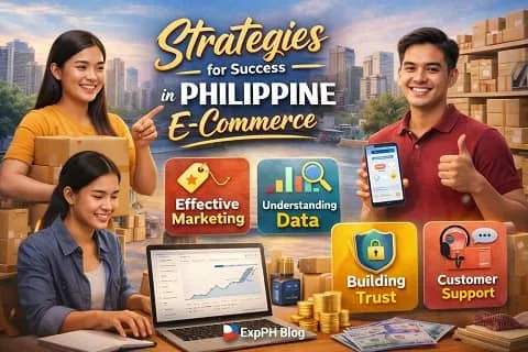 Strategies for success in Philippine e-commerce showing Filipino online sellers, digital marketing, data analysis, secure payments, and customer support.