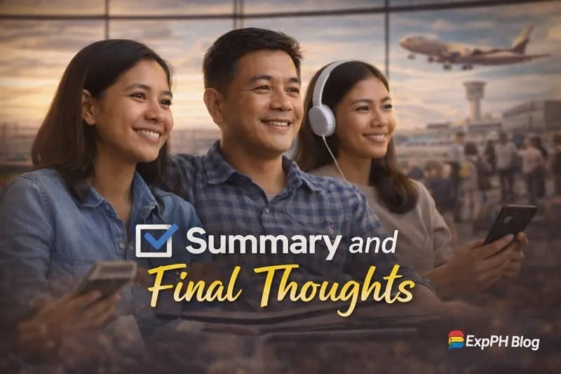 Filipino OFWs reviewing mobile apps together symbolizing summary and final thoughts on essential apps with ExpPH Blog logo