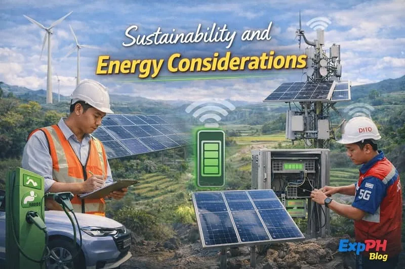 Realistic image of a 5G tower in the Philippines powered by solar panels and renewable energy, with Filipino technicians monitoring equipment, featuring mixed-font typography and the smaller ExpPH Blog logo.