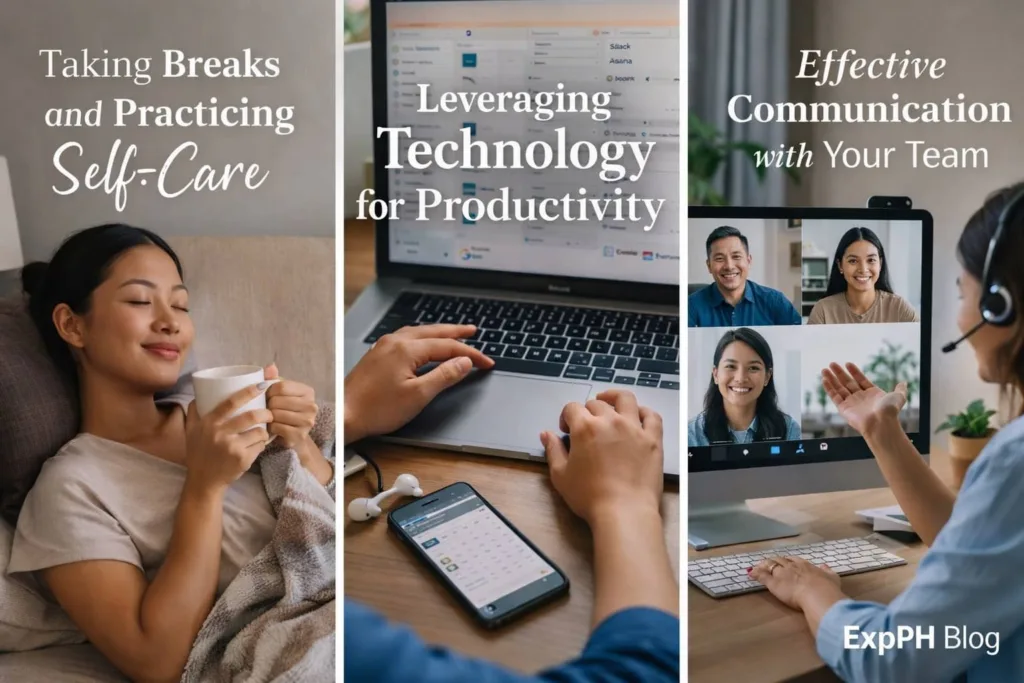 Filipino remote worker balancing self care breaks, productivity tools, and virtual team communication while working from home