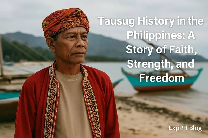 A Tausug elder wearing traditional red and gold attire stands on a quiet shore with wooden boats and mountains in the background, symbolizing heritage, strength, and cultural pride. The text overlay reads Tausug History in the Philippines A Story of Faith, Strength, and Freedom, with the ExpPH Blog logo displayed on the lower right.