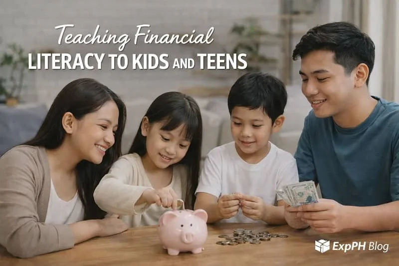 Filipino parent teaching kids and teens about money using coins piggy bank and notebook at home to build early financial literacy skills