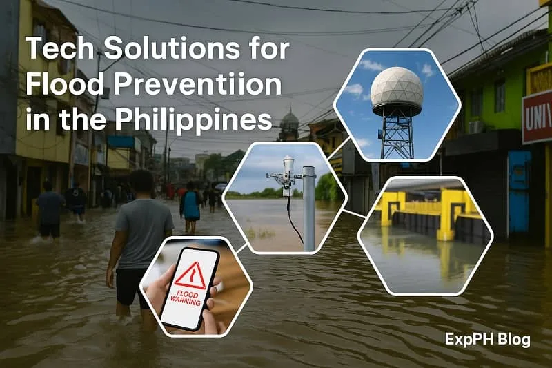 Realistic image showing modern flood prevention technology in the Philippines, including Doppler radar, water level sensors, floodgates, mobile alerts, and ExpPH Blog logo.