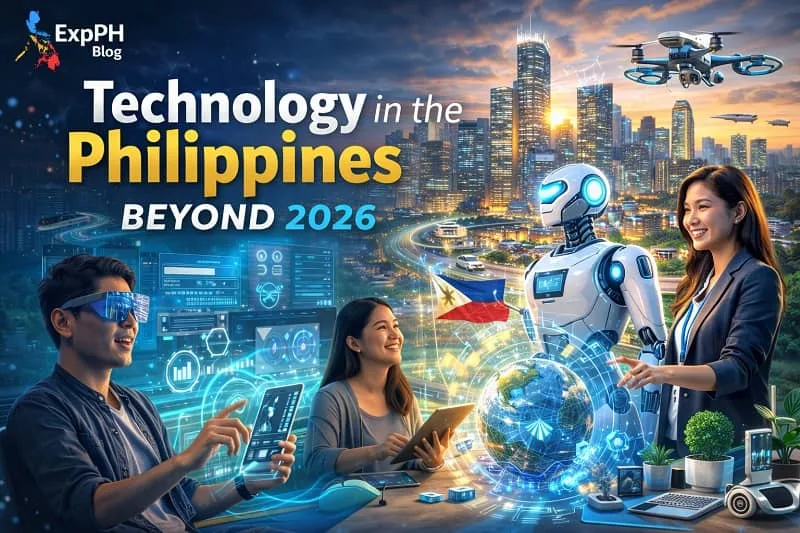 Filipino professionals using advanced digital technology with futuristic city skyline representing the future of technology in the Philippines beyond 2026