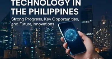Technology in the Philippines showing a smartphone with digital network technology and modern city skyline representing innovation and digital progress