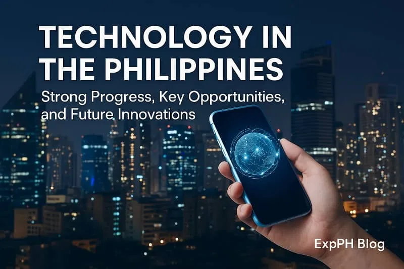 A realistic digital scene of Philippine technology progress showing data visuals, modern city elements, and the ExpPH Blog logo for the topic Technology in the Philippines.