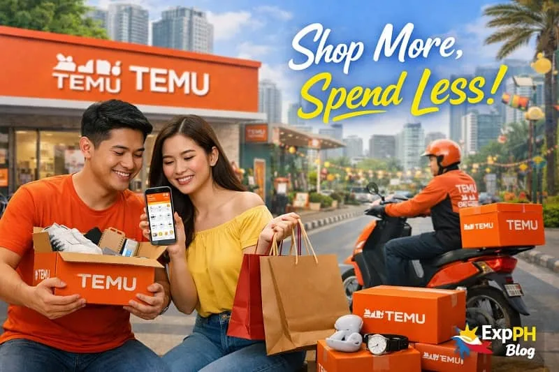 Filipino couple using Temu app with parcels and affordable items in a city setting