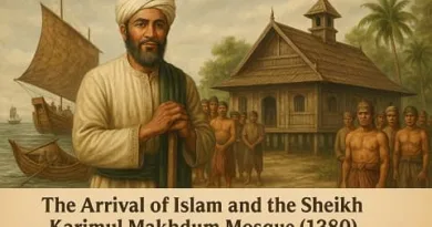 Historical realistic scene of Sheikh Karimul Makhdum arriving in Simunul Island with early Muslim settlers and the first mosque in the Philippines in 1380.