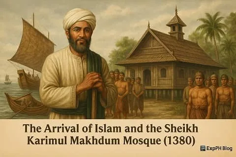 Historical realistic scene of Sheikh Karimul Makhdum arriving in Simunul Island with early Muslim settlers and the first mosque in the Philippines in 1380.