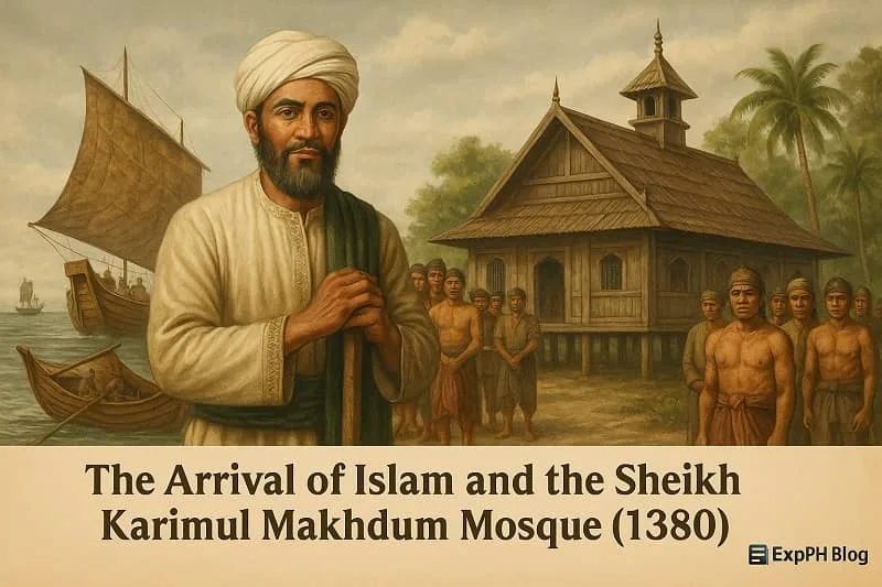 Historical realistic scene of Sheikh Karimul Makhdum arriving in Simunul Island with early Muslim settlers and the first mosque in the Philippines in 1380.