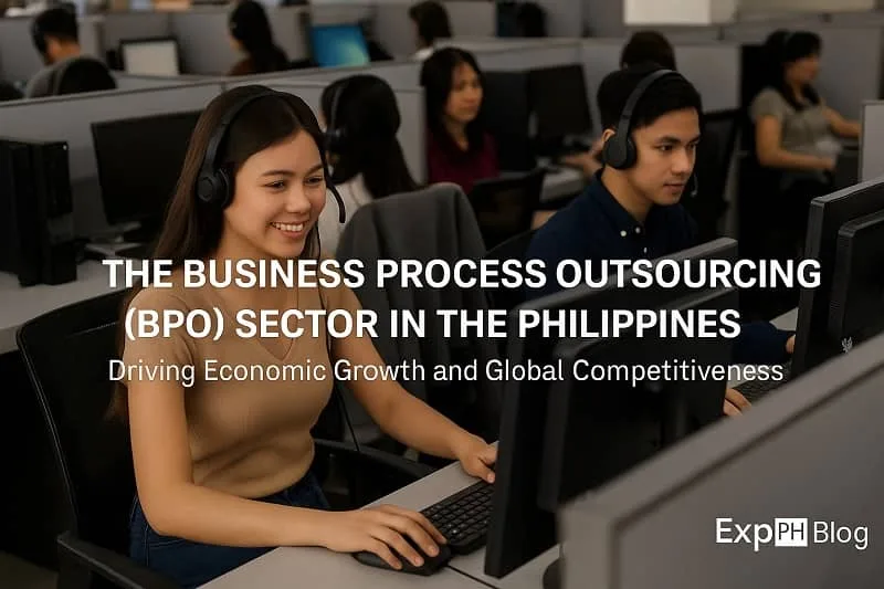 Realistic photo of Filipino BPO employees working at modern computer stations inside a busy office, featuring professionals with headsets and the ExpPH Blog logo in the corner.