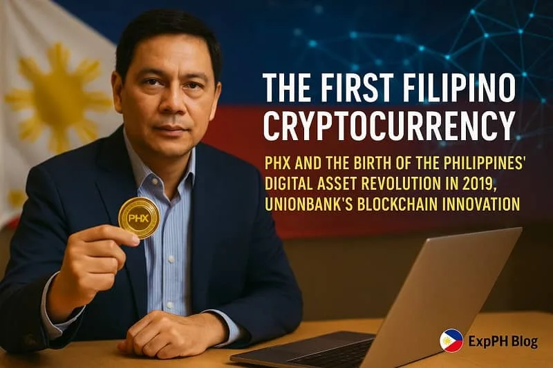 A Filipino businessman holding a PHX coin with the Philippine flag and blockchain graphics in the background, symbolizing the launch of the first Filipino cryptocurrency and UnionBank’s digital asset innovation in 2019.