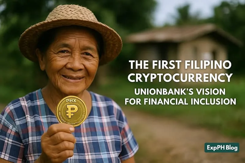An elderly Filipino woman in a rural community holding a PHX coin, symbolizing UnionBank’s vision for financial inclusion through the first Filipino cryptocurrency.