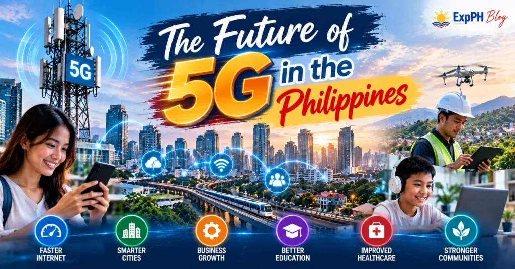 5G technology in the Philippines featuring a telecommunications tower, Filipino smartphone users, a connected city skyline, and digital connectivity innovations.