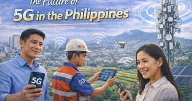 Realistic image of Filipino professionals and workers using 5G-enabled devices near a telecom tower with a city skyline and rural landscape in the background, featuring mixed-font typography and the smaller ExpPH Blog logo.
