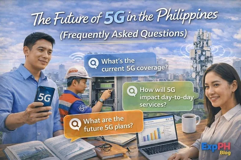 Realistic image of Filipino individuals reviewing 5G information on smartphones and laptops with a visible telecom tower in the background, featuring mixed-font typography and the smaller ExpPH Blog logo.
