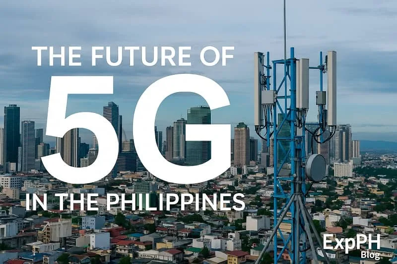 The Future of 5G in the Philippines overlooking Metro Manila skyline with ExpPH Blog logo