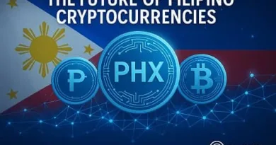 Digital PHX, peso, and Bitcoin coins floating over a blockchain network with the Philippine flag in the background, representing the future of Filipino cryptocurrencies.