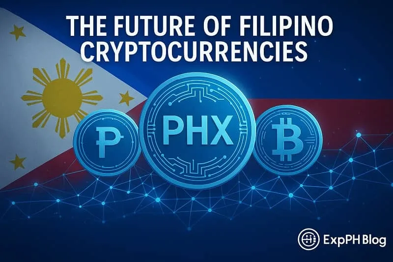Digital PHX, peso, and Bitcoin coins floating over a blockchain network with the Philippine flag in the background, representing the future of Filipino cryptocurrencies.