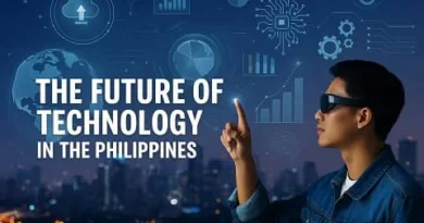 Young man using AR technology in front of a futuristic Manila skyline with digital graphics and the ExpPH Blog logo.