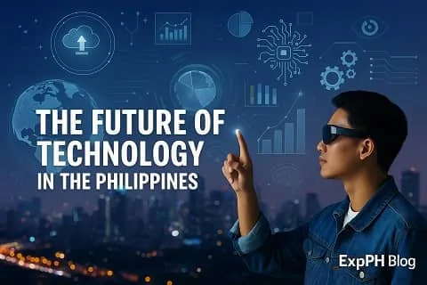 Young man using AR technology in front of a futuristic Manila skyline with digital graphics and the ExpPH Blog logo.