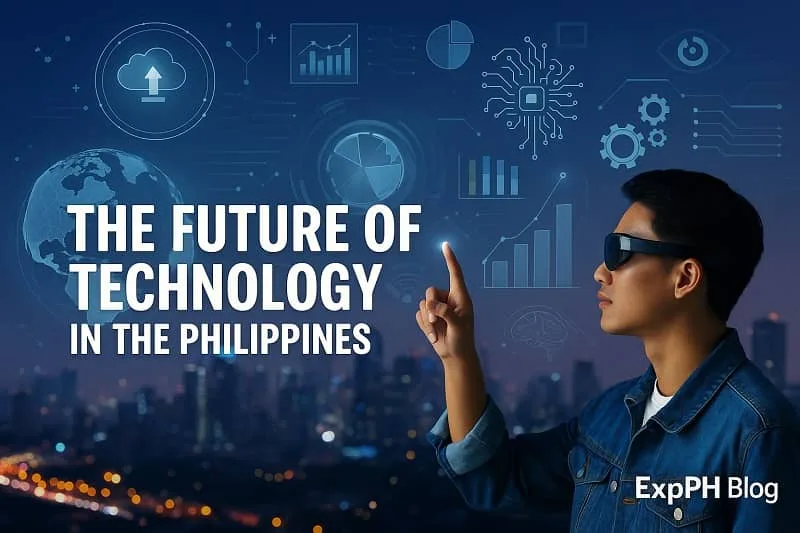 Young man using AR technology in front of a futuristic Manila skyline with digital graphics and the ExpPH Blog logo.
