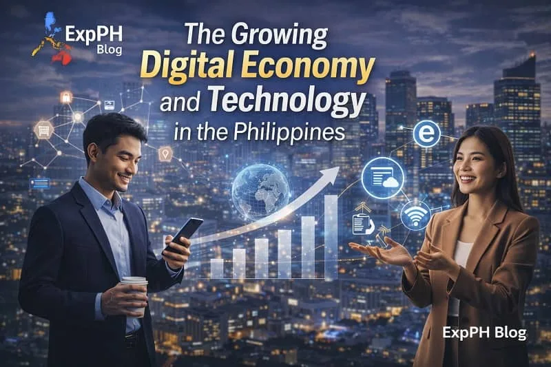 Filipino professionals using smartphones and digital technology with city skyline representing the growing digital economy and technology in the Philippines
