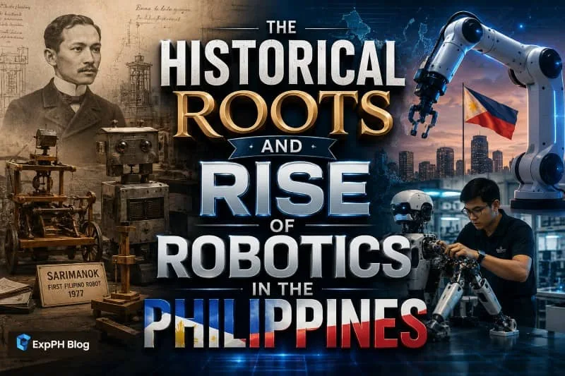Realistic collage showing the historical development of robotics in the Philippines, featuring Filipino inventors, vintage robots, modern robotic technology, and Filipino engineers working with advanced automation systems.