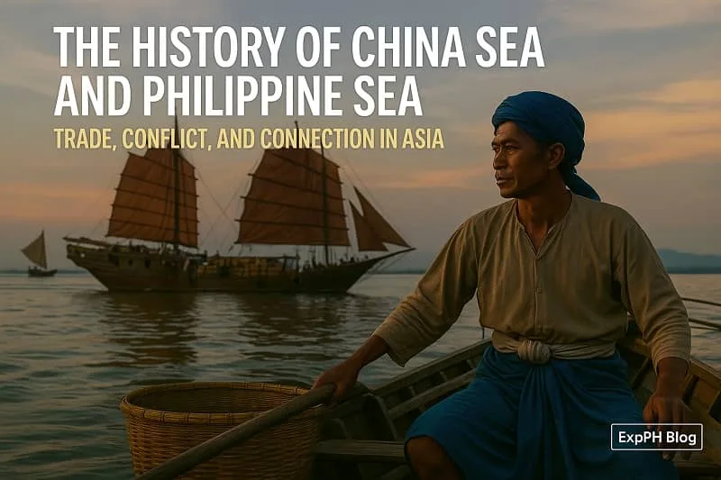 Traditional Asian boats sailing at sunset with a local mariner on a wooden boat, depicting early trade routes in the China Sea and Philippine Sea