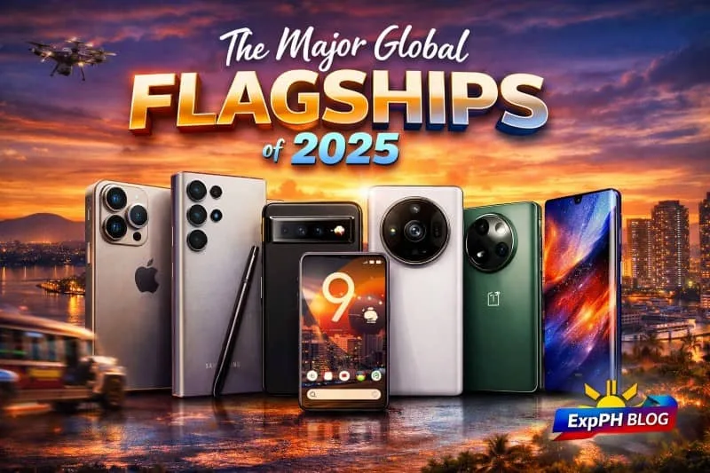 Realistic image of top 2025 flagship smartphones with a Manila city skyline at sunset, featuring bold mixed-font title text and ExpPH Blog logo.