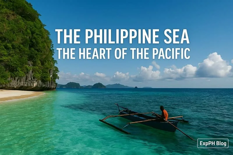 Scenic view of the Philippine Sea with turquoise waters, a wooden outrigger boat, limestone cliffs, and a local fisherman under clear blue skies