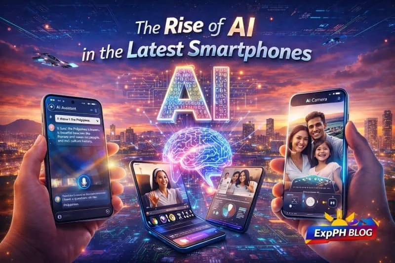 Realistic image of smartphones showcasing AI features with a Manila skyline background, including virtual assistant, AI camera, and mixed-font title text with ExpPH Blog logo.