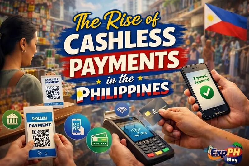 Filipino customers using QR code and tap to pay card machines at a local market in the Philippines with digital payment icons and ExpPH Blog logo visible